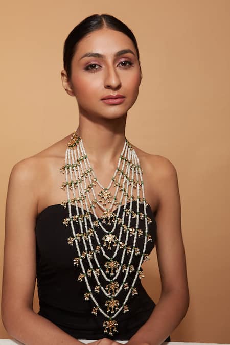 Shop Vivinia By Vidhi Mehra Green Kundan Studded Floral Multi-layer Necklace at Aza Fashions Shop_Vivinia By Vidhi Mehra_Green Kundan Studded Floral Multi-layer Necklace _at_Aza_Fashions