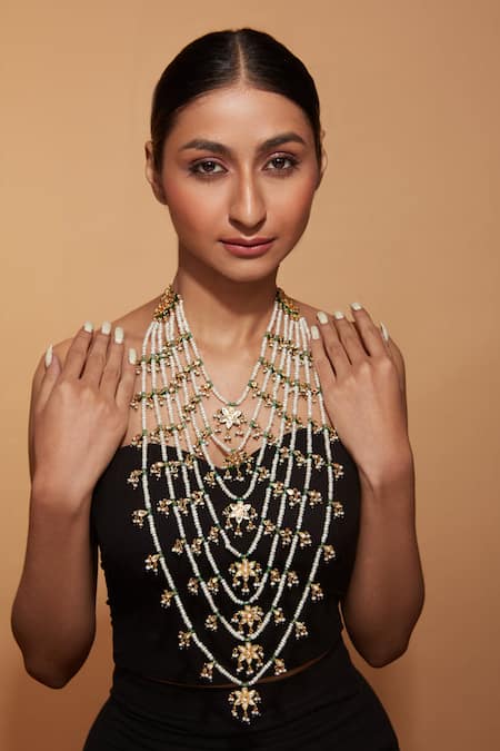 Vivinia By Vidhi Mehra Green Kundan Studded Floral Multi-layer Necklace Online at Aza Fashions Vivinia By Vidhi Mehra_Green Kundan Studded Floral Multi-layer Necklace _Online_at_Aza_Fashions