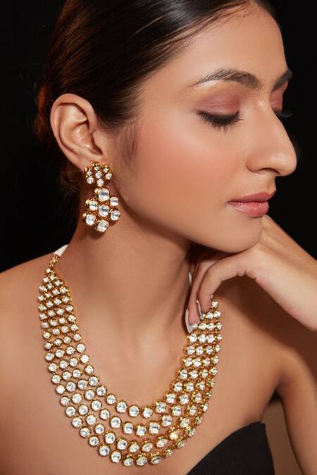 Vivinia By Vidhi Mehra_Gold Plated Diamonds, Stones Kundan Embellished Multi-layer Necklace Set _Online_at_Aza_Fashions