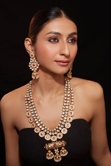 Vivinia By Vidhi Mehra_Gold Plated Stones Embellished Bar Long Necklace Set _Online_at_Aza_Fashions