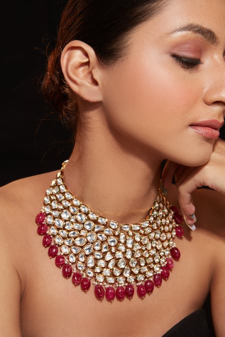 Vivinia By Vidhi Mehra_Red Kundan Cluster Embellished Choker _Online_at_Aza_Fashions