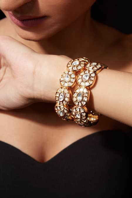 Vivinia By Vidhi Mehra_Gold Plated Imitation Diamonds Kundan Polki Embellished Bangle - Set Of 2 _Online_at_Aza_Fashions