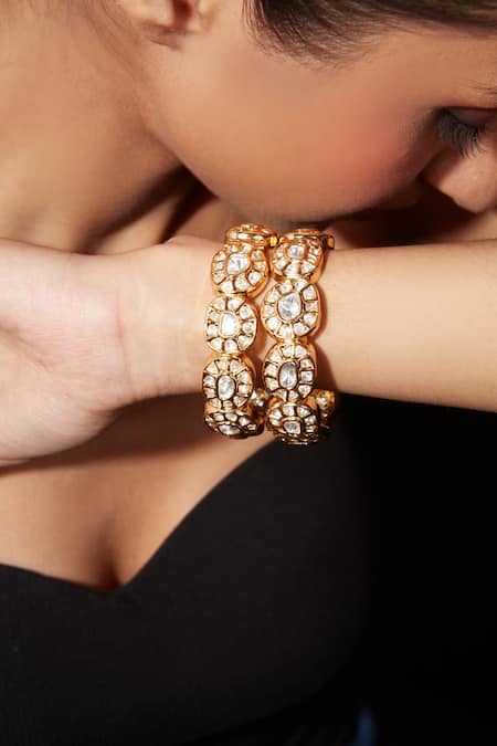 Buy_Vivinia By Vidhi Mehra_Gold Plated Imitation Diamonds Kundan Polki Embellished Bangle - Set Of 2 _Online_at_Aza_Fashions