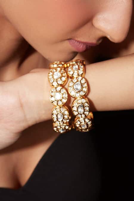 Shop_Vivinia By Vidhi Mehra_Gold Plated Imitation Diamonds Kundan Polki Embellished Bangle - Set Of 2 _Online_at_Aza_Fashions