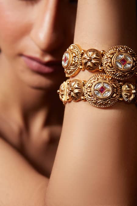 Buy_Vivinia By Vidhi Mehra_Gold Plated Crystals Kundan Studded Temple Bangle - Set Of 2 _Online_at_Aza_Fashions