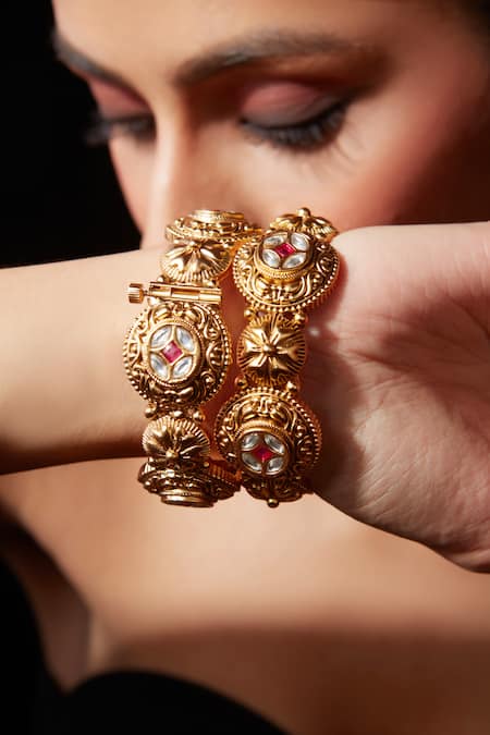 Vivinia By Vidhi Mehra_Gold Plated Crystals Kundan Studded Temple Bangle - Set Of 2 _at_Aza_Fashions