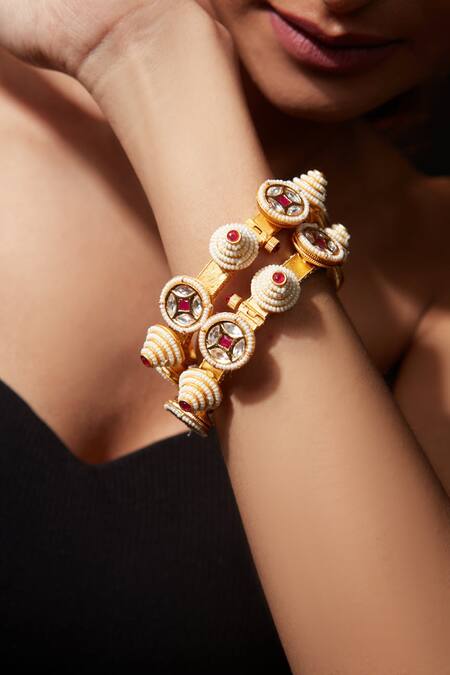 Vivinia By Vidhi Mehra_Gold Plated Beads, Stones Embellished Bangle - Set Of 2 _Online_at_Aza_Fashions