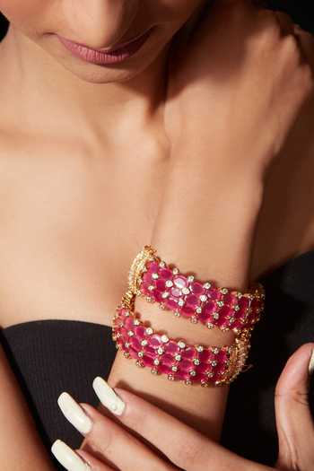 Shop Vivinia By Vidhi Mehra Gold Plated Zari, Stones Zirconia Studded Bangle - Set Of 2 at Aza Fashions Shop_Vivinia By Vidhi Mehra_Gold Plated Zari, Stones Zirconia Studded Bangle - Set Of 2 _at_Aza_Fashions