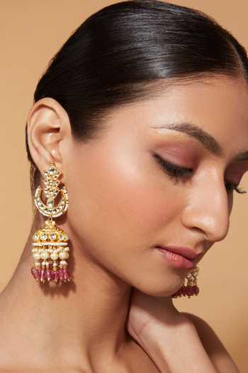 Vivinia By Vidhi Mehra Pink Gota Patti, Beads, Diamonds Kundan Polki Studded Jhumkas Online at Aza Fashions Vivinia By Vidhi Mehra_Pink Gota Patti, Beads, Diamonds Kundan Polki Studded Jhumkas _Online_at_Aza_Fashions