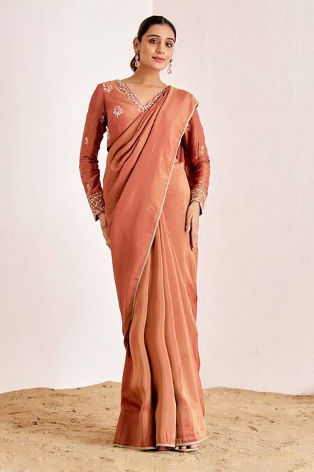 Suruchi Parakh_Orange Georgette, Silk Zari, Shimmer Saree With Zardozi Embroidered Blouse _at_Aza_Fashions