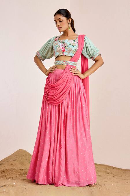 Buy Suruchi Parakh Pink Georgette, Crepe Butti Embroidered Lehenga Saree With Printed Blouse Buy_Suruchi Parakh_Pink Georgette, Crepe Butti Embroidered Lehenga Saree With Printed Blouse