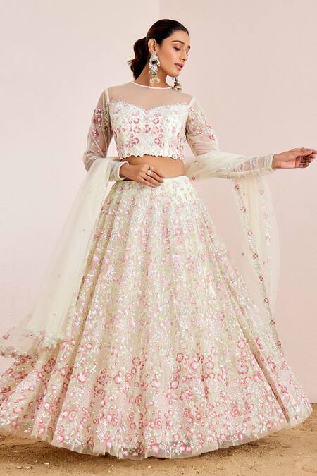 Buy_Suruchi Parakh_White Net Sequins, Pearls Round Neck Floral Embroidered Bridal Lehenga Set 