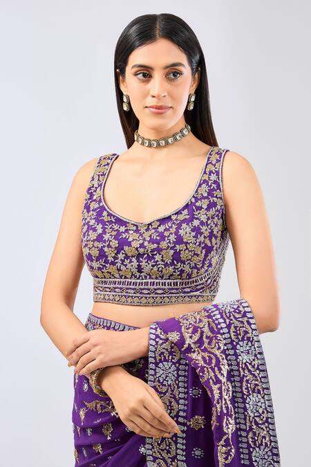 Buy_Rabani & Rakha_Purple Georgette Sequins Round Neck Nabai Embroidered Saree Set _Online_at_Aza_Fashions