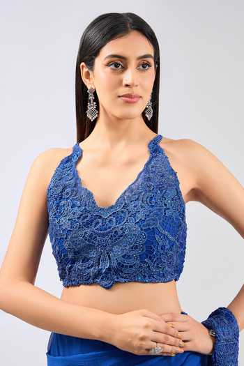 Buy_Rabani & Rakha_Blue Chiffon, Georgette Lace, Sequins Sairra Work Pre-draped Saree With Blouse _Online_at_Aza_Fashions