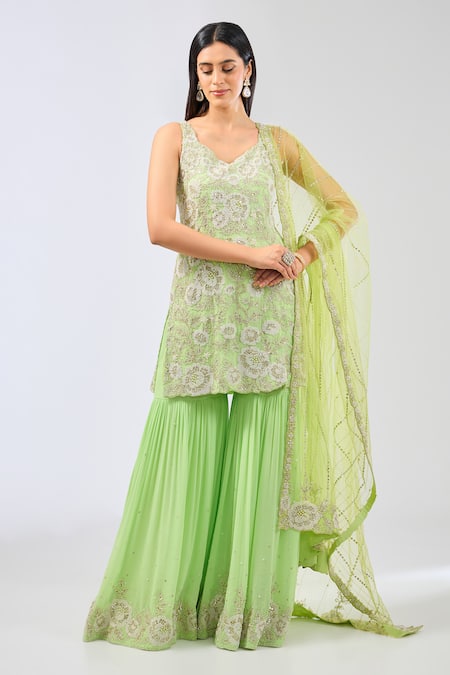 Rabani & Rakha Green Georgette Embroidered Pearls V-neck Ayat Kurta Gharara Set 