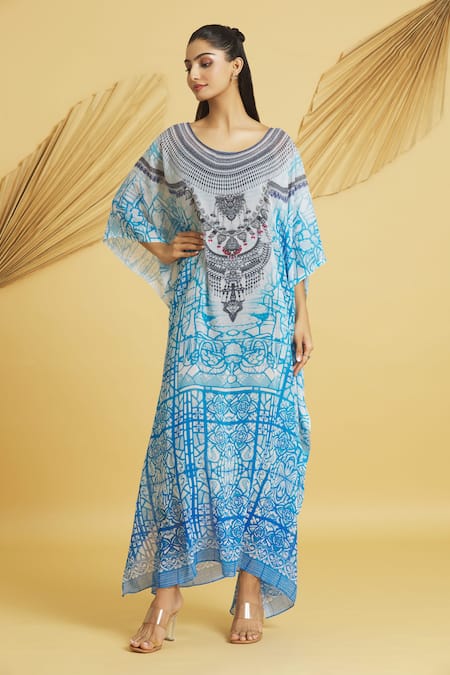Buy Samyukta Singhania Multi Color Georgette Round Neck Abstract Swirl Print Kaftan Buy_Samyukta Singhania_Multi Color Georgette Round Neck Abstract Swirl Print Kaftan