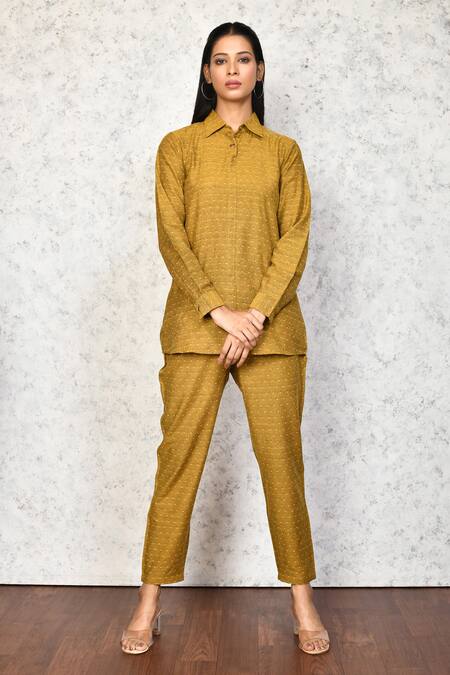 Buy Naintara Bajaj Yellow Cotton Collared Geometric Woven Shirt And Pant Set Buy_Naintara Bajaj_Yellow Cotton Collared Geometric Woven Shirt And Pant Set