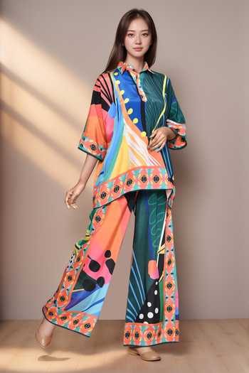 Samyukta Singhania Abstract Print Asymmetric Shirt & Pant Set 