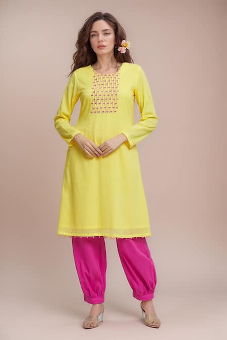 Khwaab by Sanjana Lakhani Yellow Mul Cotton Embroidered Thread Placed Mirrorwork Kurta With Salwar Pant 