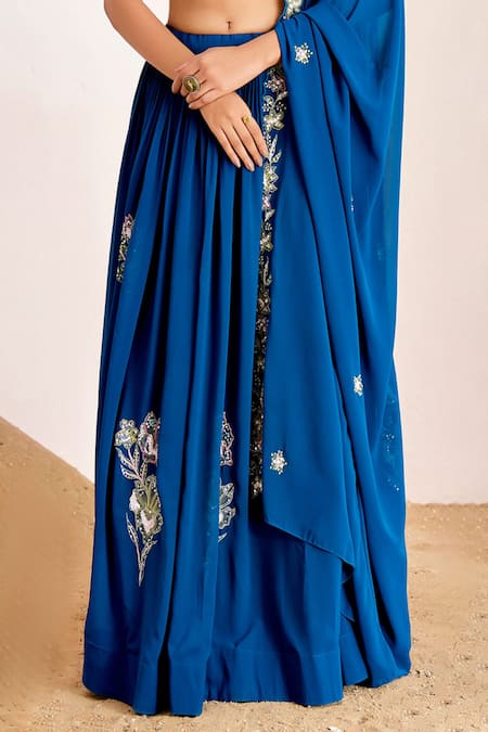 Suruchi Parakh_Blue Georgette Pearls, Sequins Round Floral Placement Embroidered Lehenga Set _Online_at_Aza_Fashions