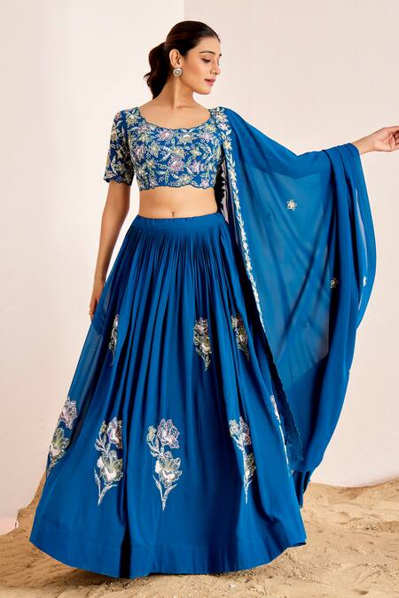 Buy_Suruchi Parakh_Blue Georgette Pearls, Sequins Round Floral Placement Embroidered Lehenga Set _Online_at_Aza_Fashions