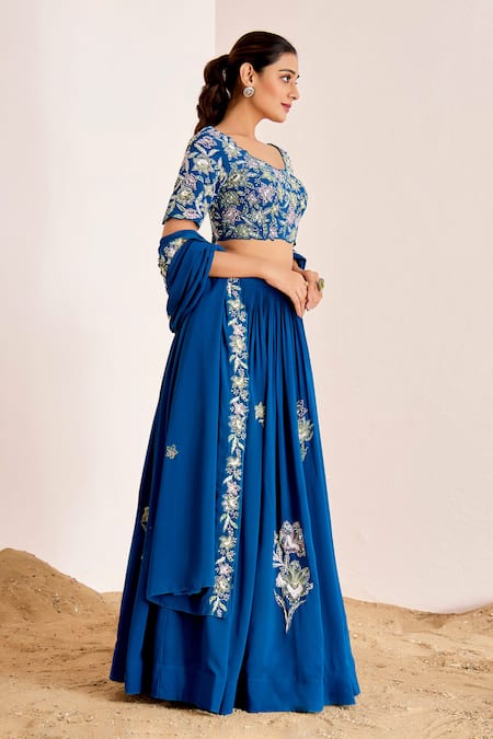 Shop_Suruchi Parakh_Blue Georgette Pearls, Sequins Round Floral Placement Embroidered Lehenga Set _Online_at_Aza_Fashions