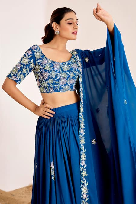 Suruchi Parakh_Blue Georgette Pearls, Sequins Round Floral Placement Embroidered Lehenga Set _at_Aza_Fashions
