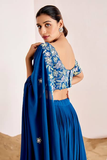 Buy_Suruchi Parakh_Blue Georgette Pearls, Sequins Round Floral Placement Embroidered Lehenga Set 