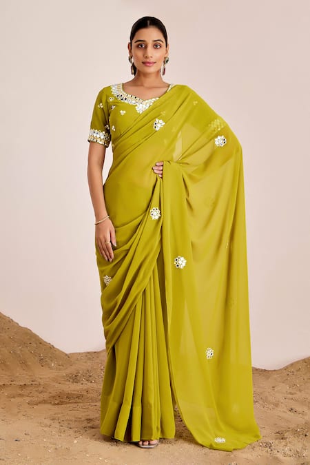 Shop_Suruchi Parakh_Green Georgette Mirrors Boat Neck Work Saree With Blouse _Online_at_Aza_Fashions