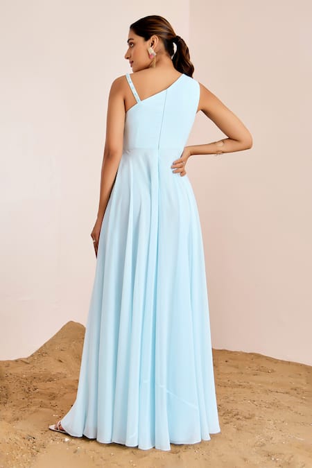 Shop_Suruchi Parakh_Blue Georgette Sequins, Beads Asymmetric Yoke Embroidered Gown _at_Aza_Fashions