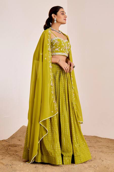 Buy_Suruchi Parakh_Green Georgette Mirrors, Sequins, Beads Sweetheart Neck Embroidered Lehenga Set _Online_at_Aza_Fashions