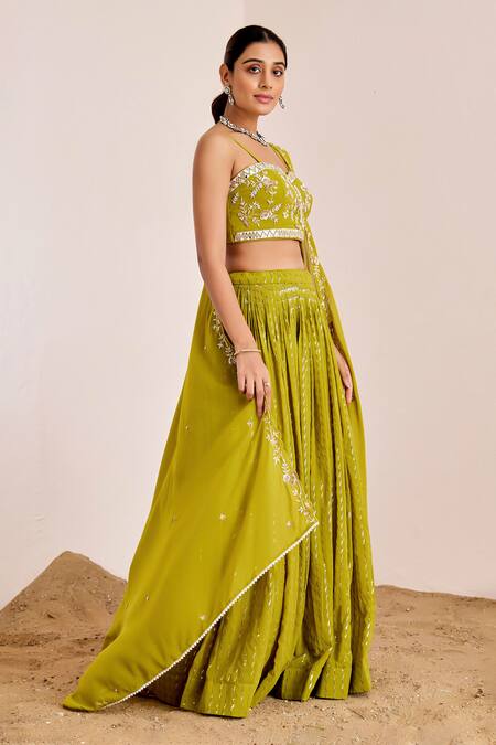 Suruchi Parakh_Green Georgette Mirrors, Sequins, Beads Sweetheart Neck Embroidered Lehenga Set _at_Aza_Fashions