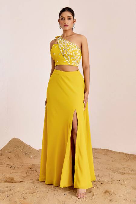 Buy Suruchi Parakh Yellow Georgette Embroidery Asymmetric One Shoulder Blouse And Skirt Set Buy_Suruchi Parakh_Yellow Georgette Embroidery Asymmetric One Shoulder Blouse And Skirt Set