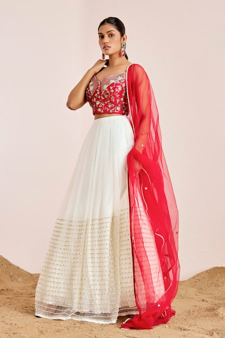 Shop Suruchi Parakh Red Net, Tussar, Silk Embroidery, Beads, Sequins Hand Bustier And Lehenga Set at Aza Fashions Shop_Suruchi Parakh_Red Net, Tussar, Silk Embroidery, Beads, Sequins Hand Bustier And Lehenga Set_at_Aza_Fashions