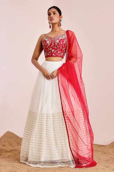 Shop Suruchi Parakh Red Net, Tussar, Silk Embroidery, Beads, Sequins Hand Bustier And Lehenga Set Online at Aza Fashions Shop_Suruchi Parakh_Red Net, Tussar, Silk Embroidery, Beads, Sequins Hand Bustier And Lehenga Set_Online_at_Aza_Fashions