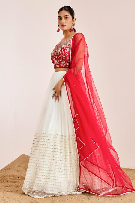 Buy Suruchi Parakh Red Net, Tussar, Silk Embroidery, Beads, Sequins Hand Bustier And Lehenga Set Buy_Suruchi Parakh_Red Net, Tussar, Silk Embroidery, Beads, Sequins Hand Bustier And Lehenga Set