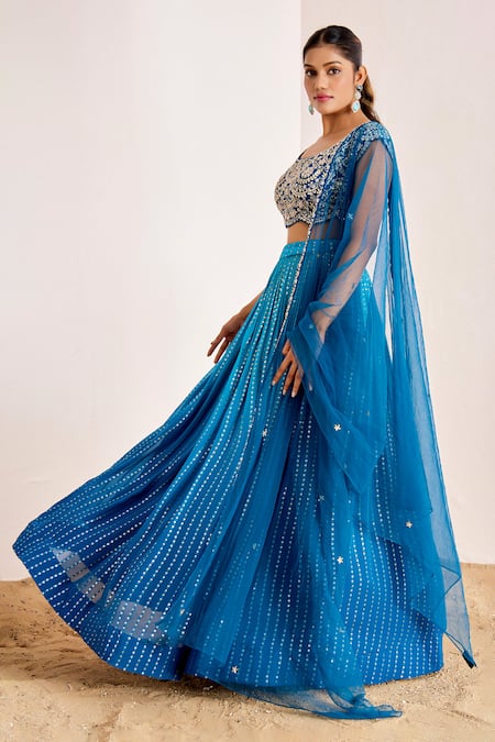 Buy_Suruchi Parakh_Blue Net, Georgette Sequins Round Neck Ombre Embroidered Lehenga Set 