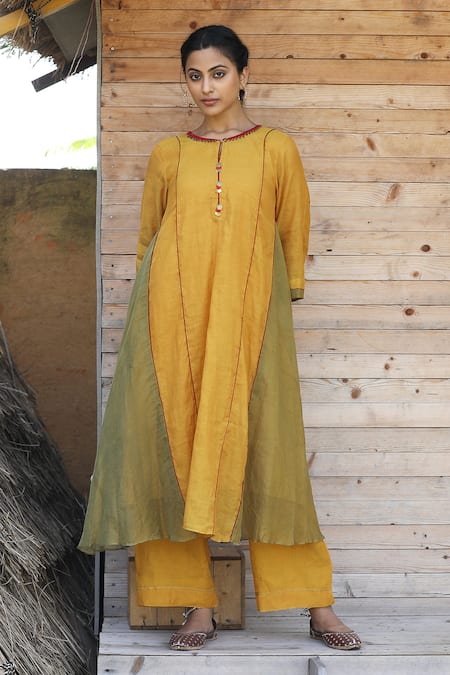 Buy_Label Kinjal Modi_Yellow Chanderi Beads Round Neck Dual Tone Tunic With Pant _Online_at_Aza_Fashions