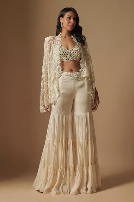 Asaga Orlique Floral Embroidered Cape Sharara Set 