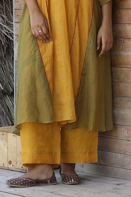 Label Kinjal Modi_Yellow Chanderi Beads Round Neck Dual Tone Tunic With Pant _at_Aza_Fashions