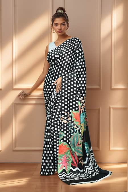 Khwaab by Sanjana Lakhani Black Pure Satin Crepe Printed Polka Dot And Leaf Saree 