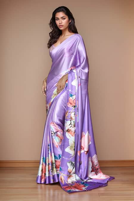 Samyukta Singhania Purple Pure Satin Crepe Printed Digital Floral Saree With Running Blouse 