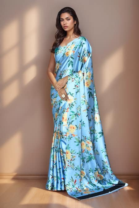 Samyukta Singhania Blue Pure Satin Crepe Printed Digital Flora Saree With Running Blouse 