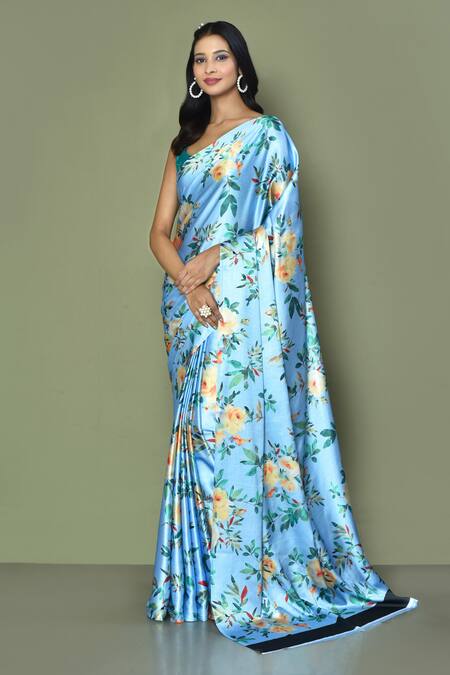 Shop Samyukta Singhania Blue Satin, Crepe Flora Printed Saree Online at Aza Fashions Shop_Samyukta Singhania_Blue Satin, Crepe Flora Printed Saree_Online_at_Aza_Fashions