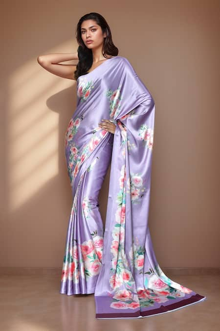 Khwaab by Sanjana Lakhani Purple Pure Satin Crepe Printed Digital Bouquet Saree With Running Blouse 