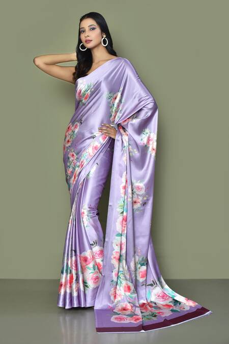 Shop Samyukta Singhania Purple Satin, Crepe Bouquet Print Saree With Running Blouse Online at Aza Fashions Shop_Samyukta Singhania_Purple Satin, Crepe Bouquet Print Saree With Running Blouse_Online_at_Aza_Fashions