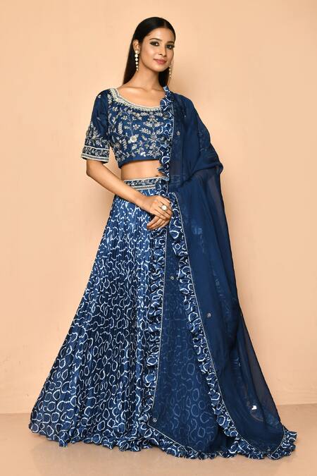 Buy_Naintara Bajaj_Blue Satin, Georgette Mirrors, Sequins Round Printed Geometrical Lehenga Set