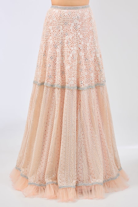 Buy_Rabani & Rakha_Pink Lace, Net Lace, Sequins, Beads V-neck Naida Cutwork Embroidered Lehenga Set _Online_at_Aza_Fashions