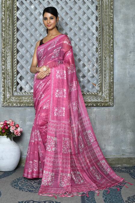 Shop_Samyukta Singhania_Pink Silk Embroidery Geometric Motifs Saree_Online_at_Aza_Fashions