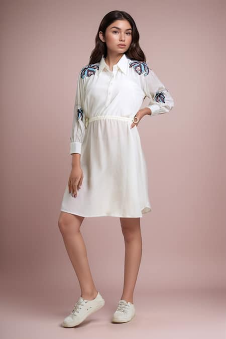 Samyukta Singhania White Crepe Embroidered Cutdana Collared Moti And Dress 